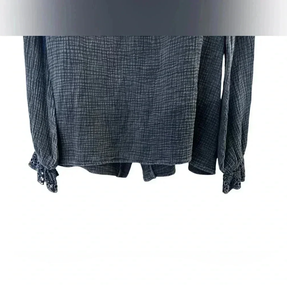 MAZIK Charcoal Gray Eyelet Ruffle Button Down Long Sleeve Tunic Shirt